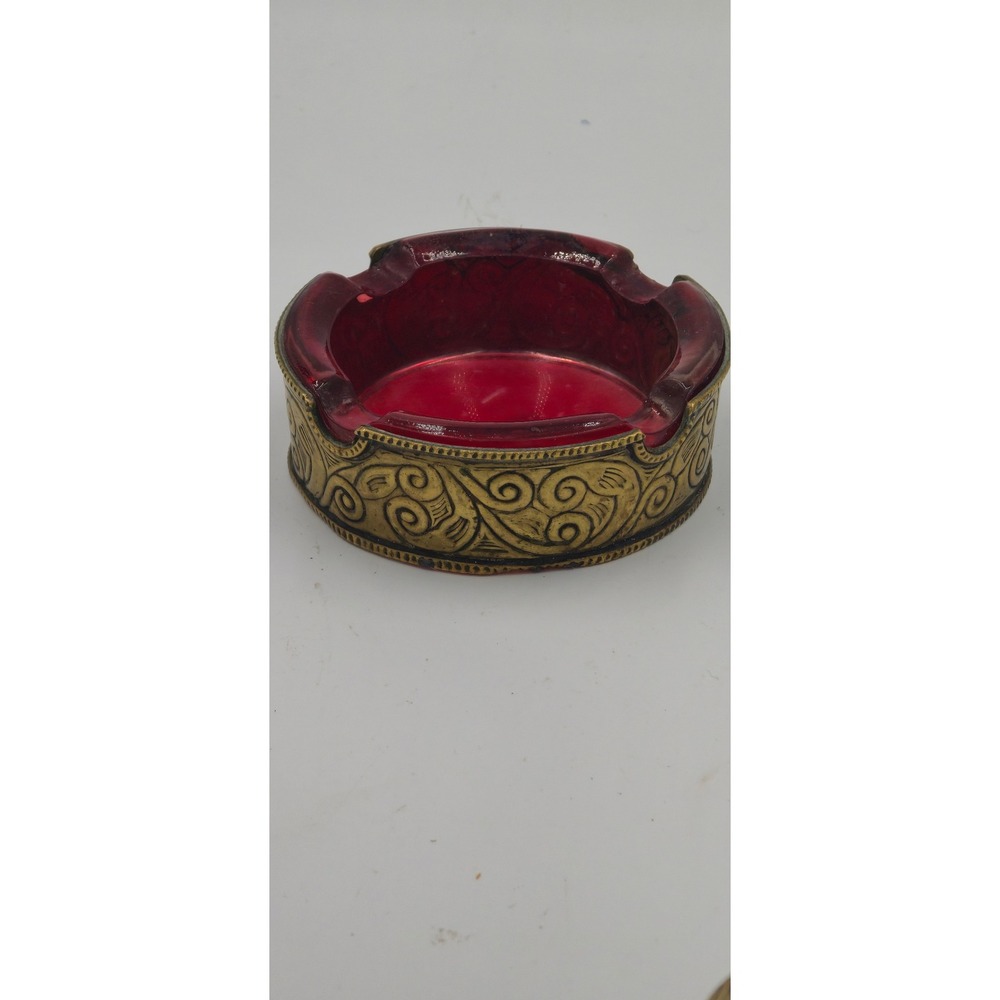 Vtg Mid Century Bohemian Ruby Red Glass Ashtray Gold Ornate Filigree Rim - Picture 3 of 8
